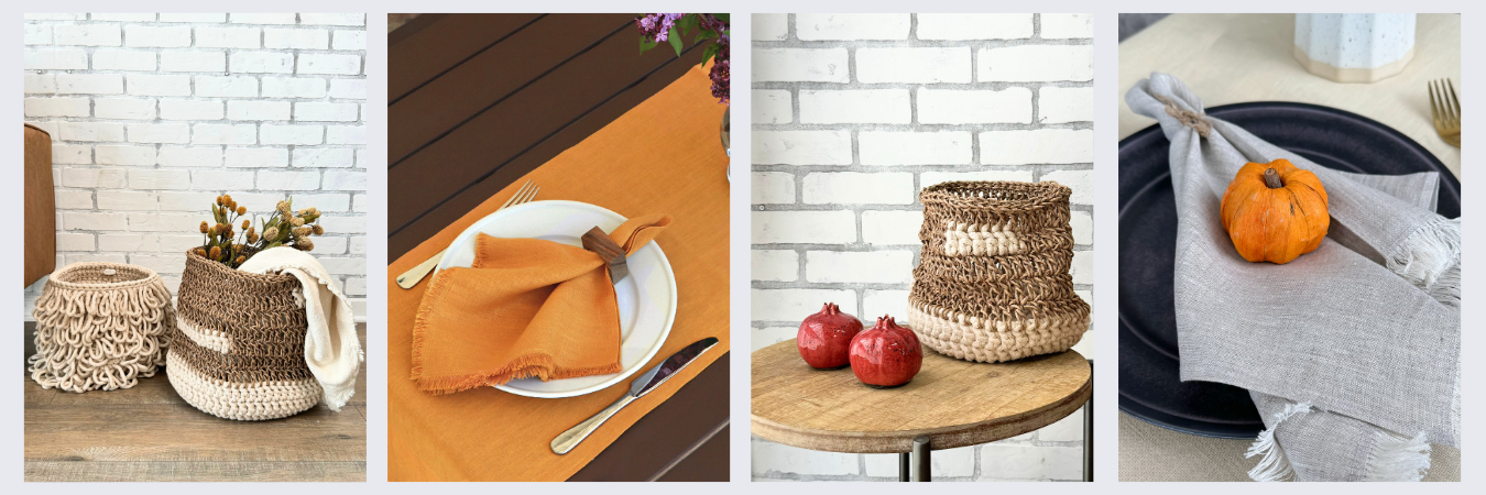Thanksgiving sustainable decor baskets table linens