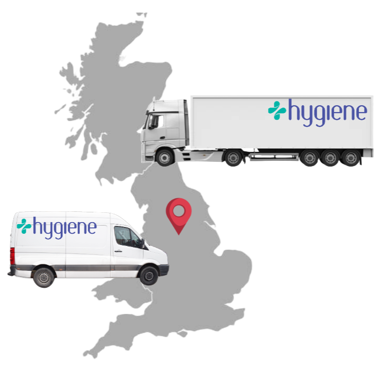 A map of the United Kingdom with two Hygiene UK delivery vehicles on either side of the map> There is a location pin in the center of the map that points to Sheffield, the city in which Hygiene UK is located.