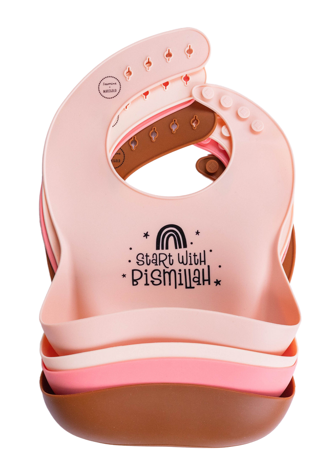 Start with Bismillah silicone bib with front pouch, earth tones, secure fasteners, anti pull baby bib, baby bib, rainbow and starts on print