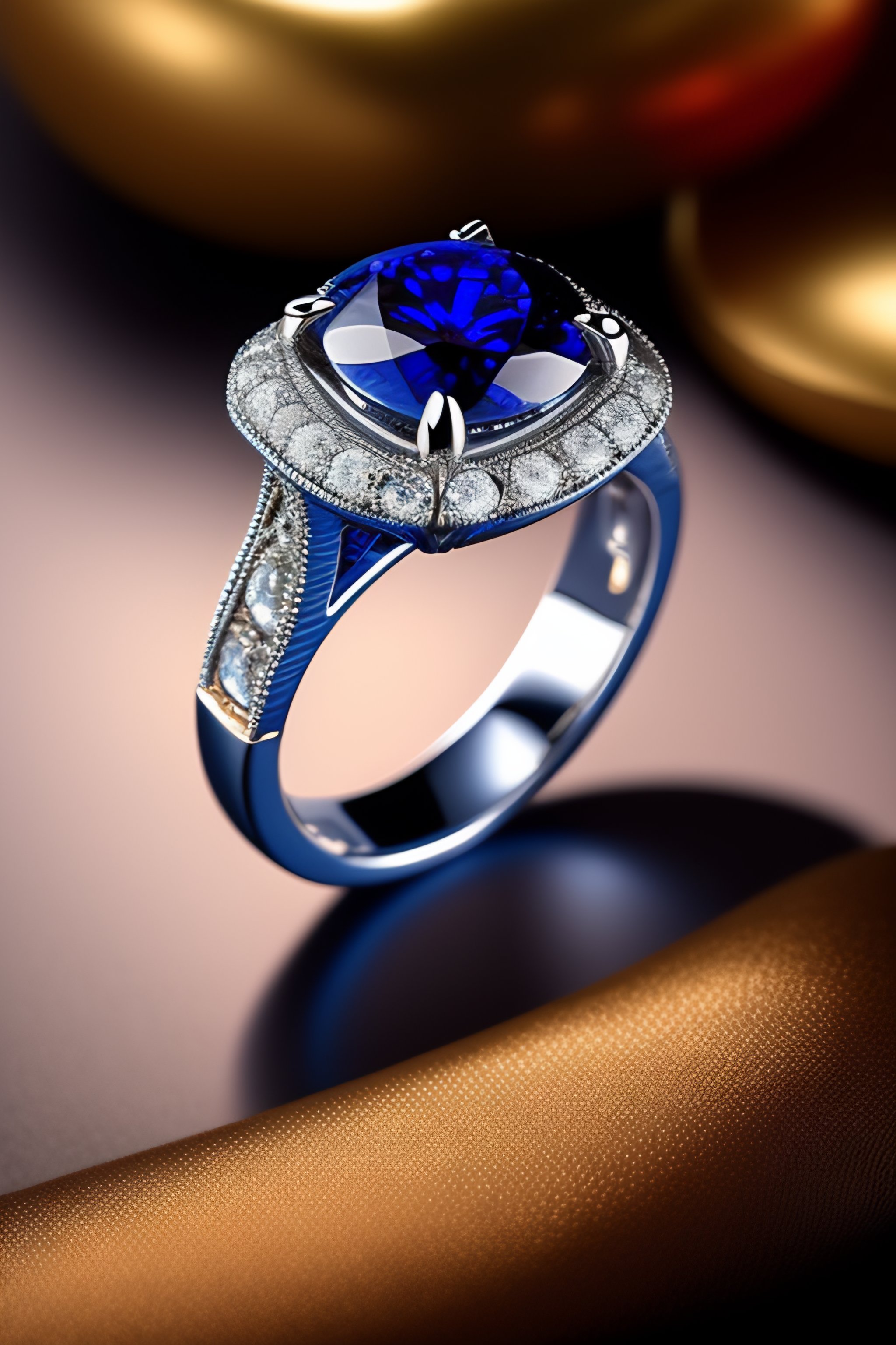 white gold blue sapphire engagement ring with cubic zirconia side stones